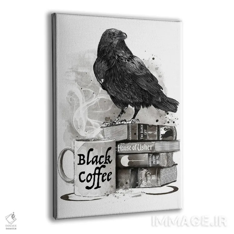 تابلو Raven And Poe,قهوه، کلاغ و پو (ارجاع به ادگار آلن پو) اثر آنتونیو کامارنا - نمای پرسپکتیو محصول