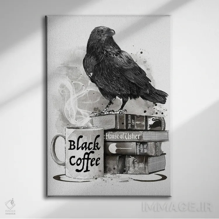 تابلو Raven And Poe,قهوه، کلاغ و پو (ارجاع به ادگار آلن پو) اثر آنتونیو کامارنا - نمای روبهرو روی دیوار