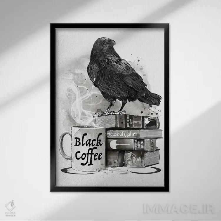 تابلو Raven And Poe,قهوه، کلاغ و پو (ارجاع به ادگار آلن پو) اثر آنتونیو کامارنا - نمای قابدار مشکی