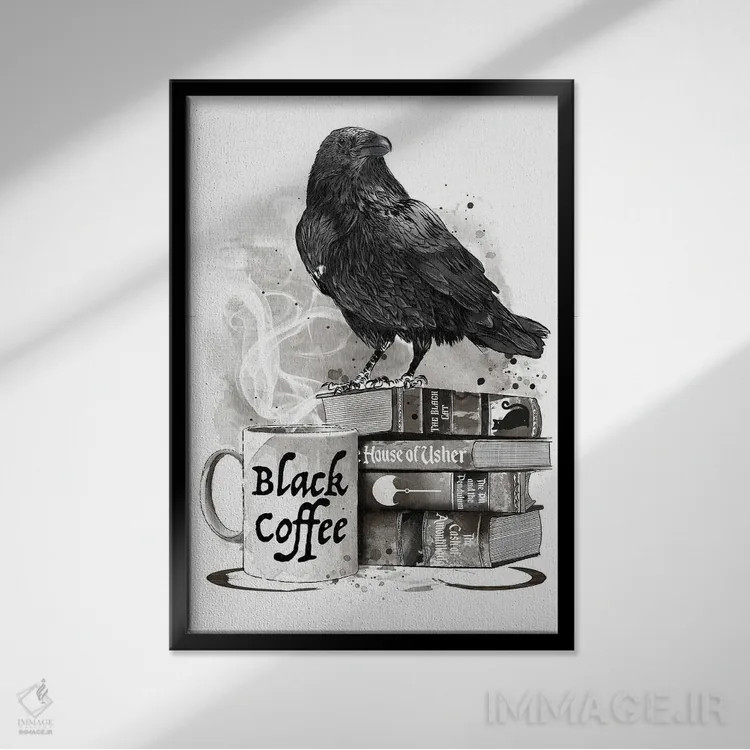 تابلو Raven And Poe,قهوه، کلاغ و پو (ارجاع به ادگار آلن پو) اثر آنتونیو کامارنا - نمای قابدار مشکی