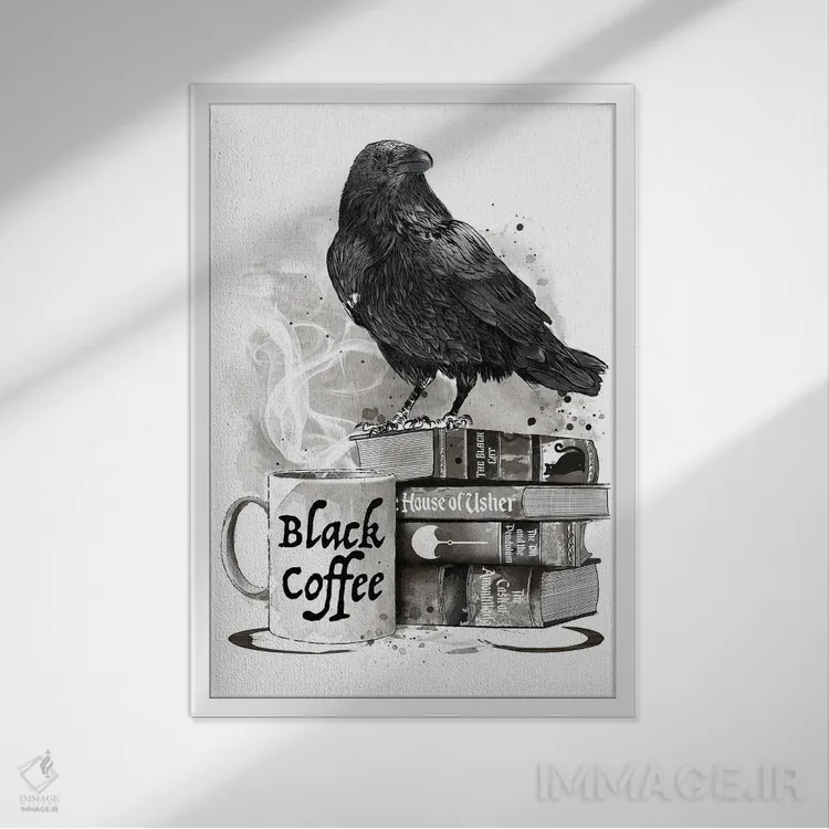 تابلو Raven And Poe,قهوه، کلاغ و پو (ارجاع به ادگار آلن پو) اثر آنتونیو کامارنا - نمای قابدار سفید