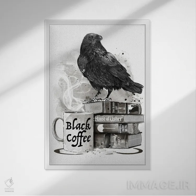 تابلو Raven And Poe,قهوه، کلاغ و پو (ارجاع به ادگار آلن پو) اثر آنتونیو کامارنا - نمای قابدار سفید