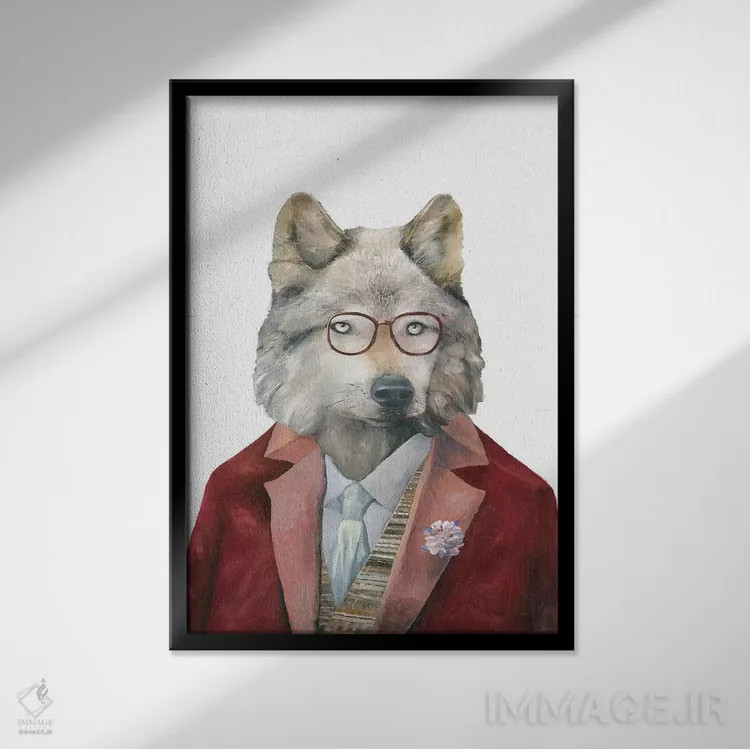 تابلو گرگ خاکستری اثر انیمال کرو (گروه هنری/نام هنری) - نمای قابدار مشکی