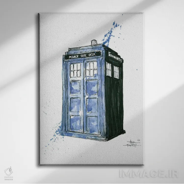 تابلو تاردیس (دستگاه زمانپیمایی در سریال Doctor Who) اثر آدام مایکلز - نمای روبهرو روی دیوار