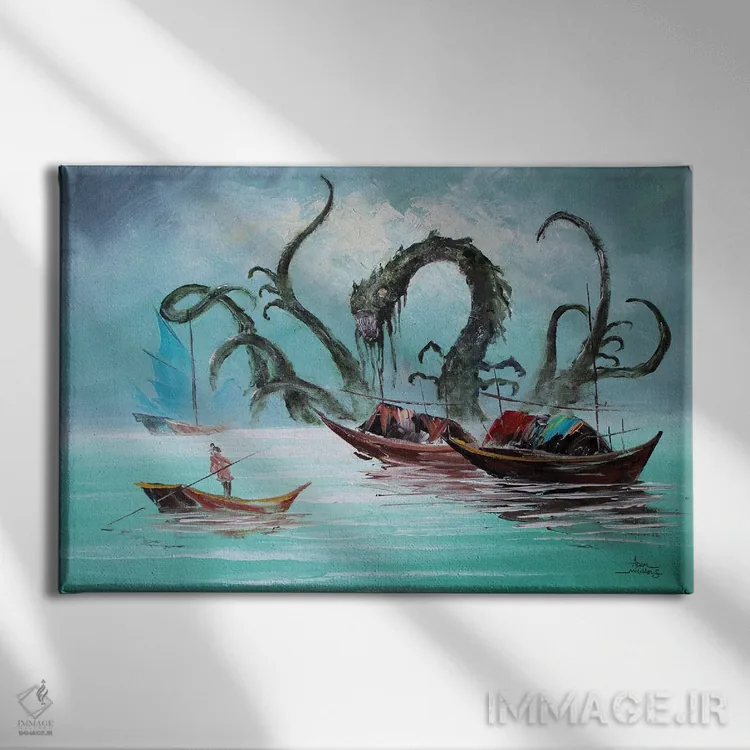 تابلو هیولای اولین منظرهٔ دریایی اثر آدام مایکلز - نمای روبهرو روی دیوار