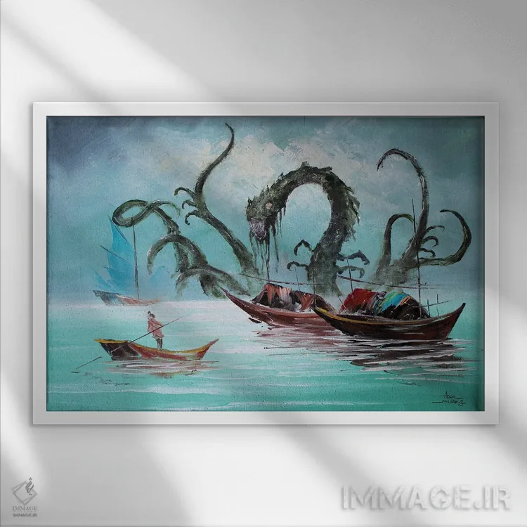 تابلو هیولای اولین منظرهٔ دریایی اثر آدام مایکلز - نمای قابدار سفید