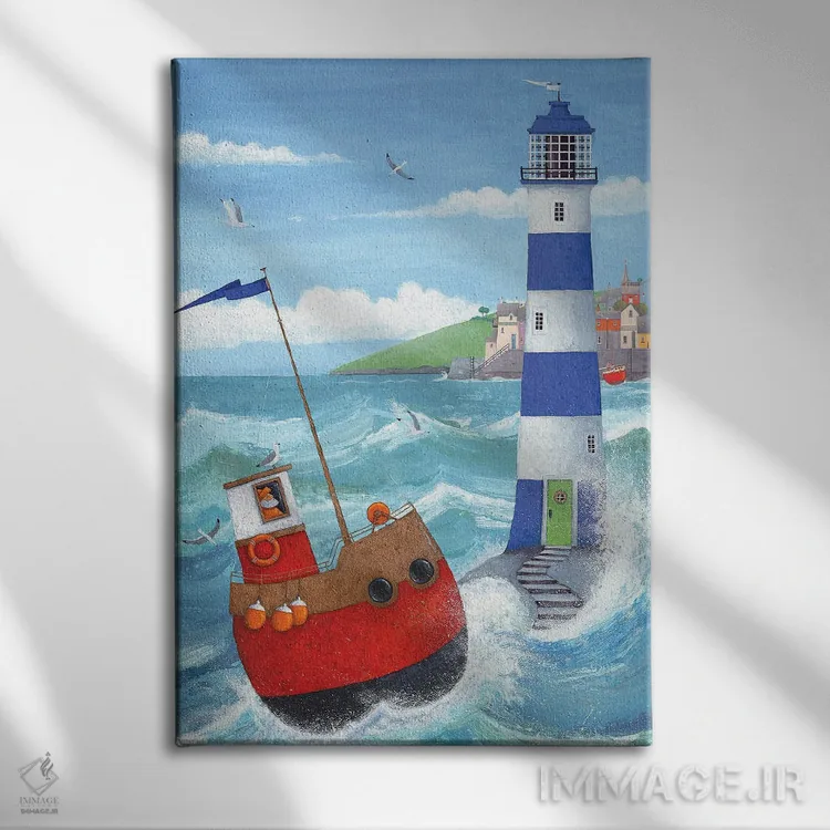 تابلو فانوس دریایی آبی اثر پیتر آدرلی - نمای روبهرو روی دیوار