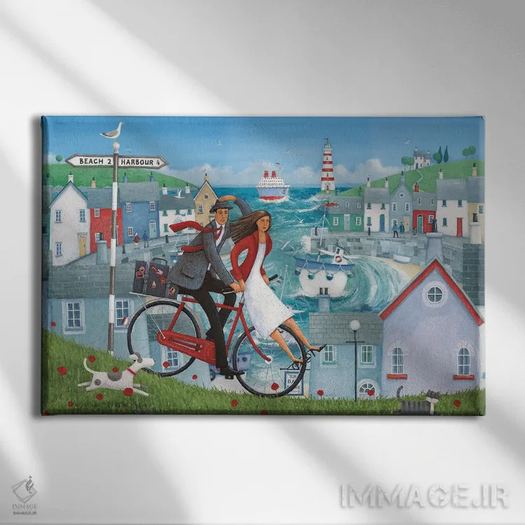 تابلو نقاشی چشمانداز دریا و دوچرخه اثر پیتر آدرلی - نمای روبهرو روی دیوار