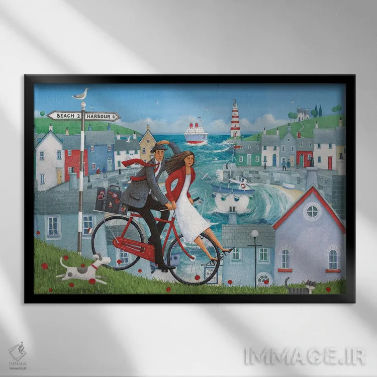 تابلو نقاشی چشمانداز دریا و دوچرخه اثر پیتر آدرلی - نمای قابدار مشکی