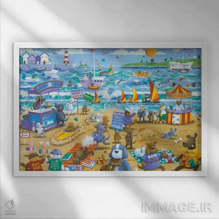 تابلو گربهها و سگها اثر پیتر آدرلی - نمای قابدار سفید