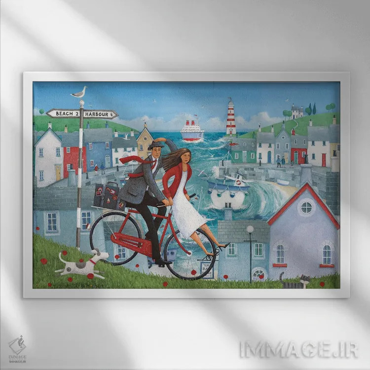 تابلو نقاشی چشمانداز دریا و دوچرخه اثر پیتر آدرلی - نمای قابدار سفید