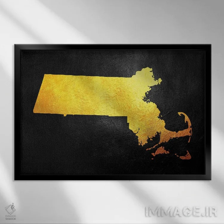 تابلو نقشه طلایی ماساچوست اثر آدریان بالدُوینو - نمای قابدار مشکی