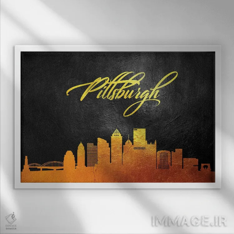 تابلو منظره طلایی آسماننمای پیتزبورگ (پنسیلوانیا) اثر آدریان بالدُوینو - نمای قابدار سفید