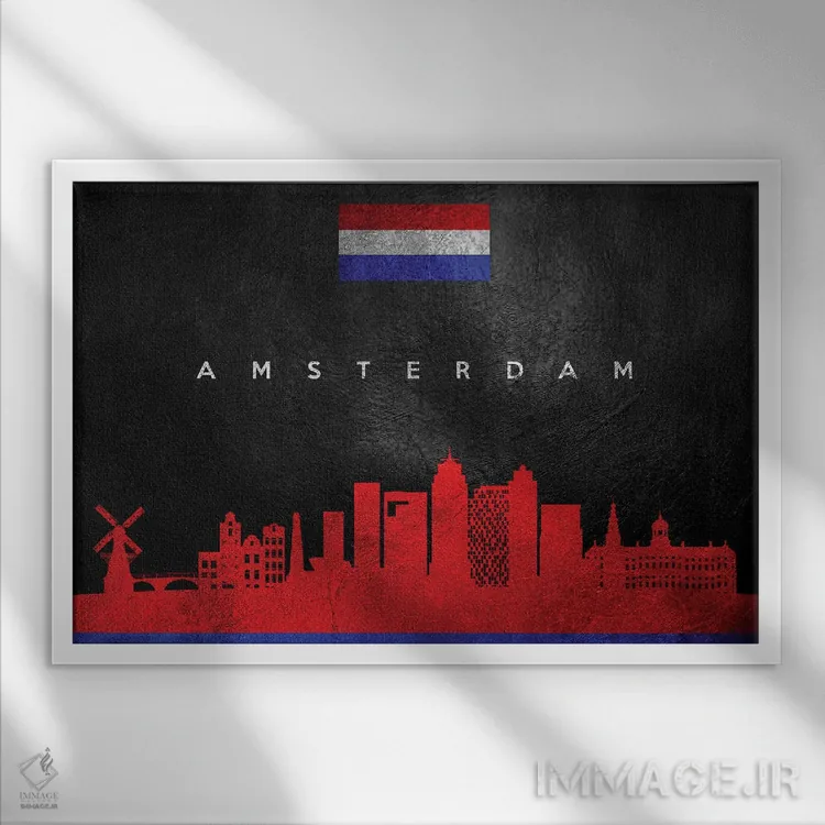 تابلو خط افق آمستردام، هلند؛ نسخه ۲ اثر آدریان بالدُوینو - نمای قابدار سفید