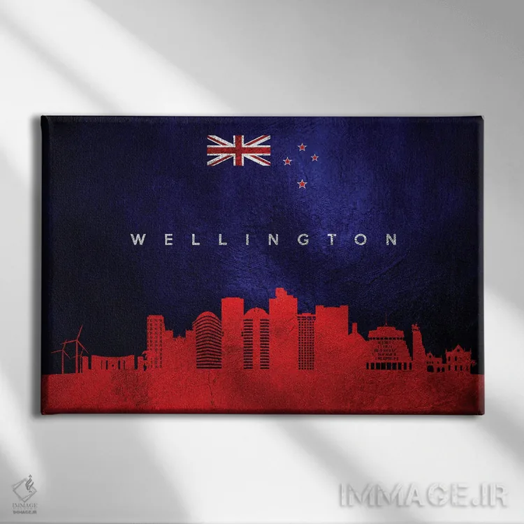 تابلو خط افق ولینگتون نیوزیلند اثر آدریان بالدُوینو - نمای روبهرو روی دیوار