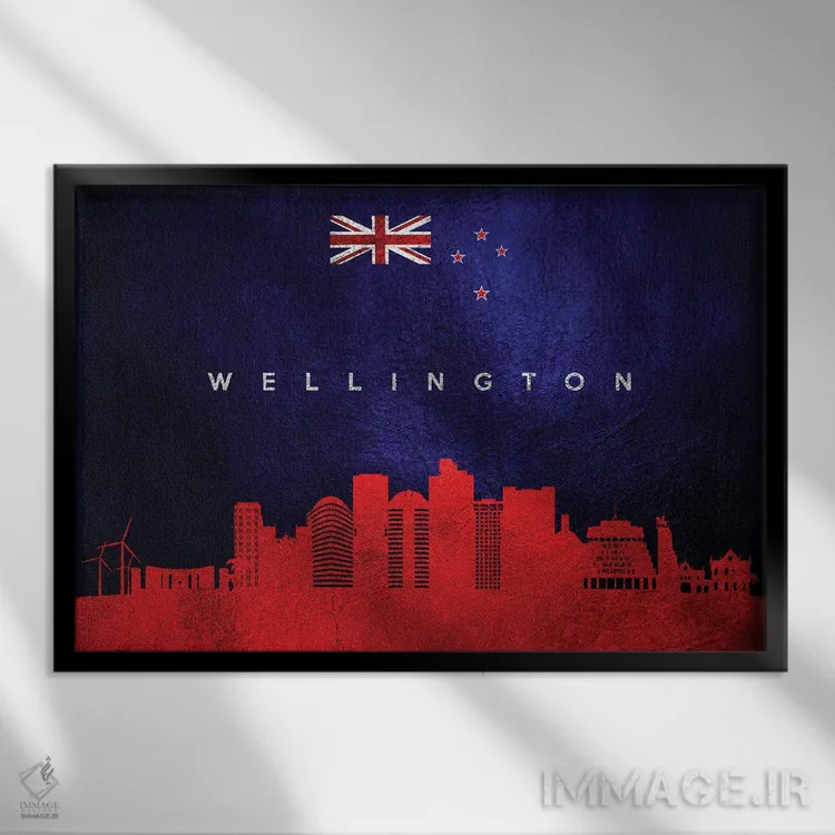 تابلو خط افق ولینگتون نیوزیلند اثر آدریان بالدُوینو - نمای قابدار مشکی