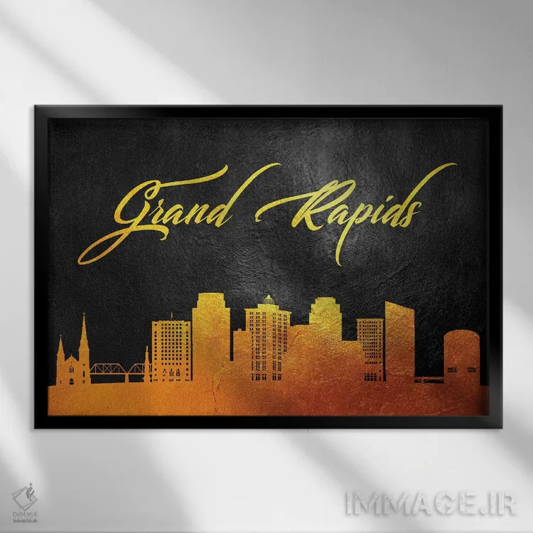 تابلو خط افق طلایی گرند رپیدز میشیگان اثر آدریان بالدُوینو - نمای قابدار مشکی