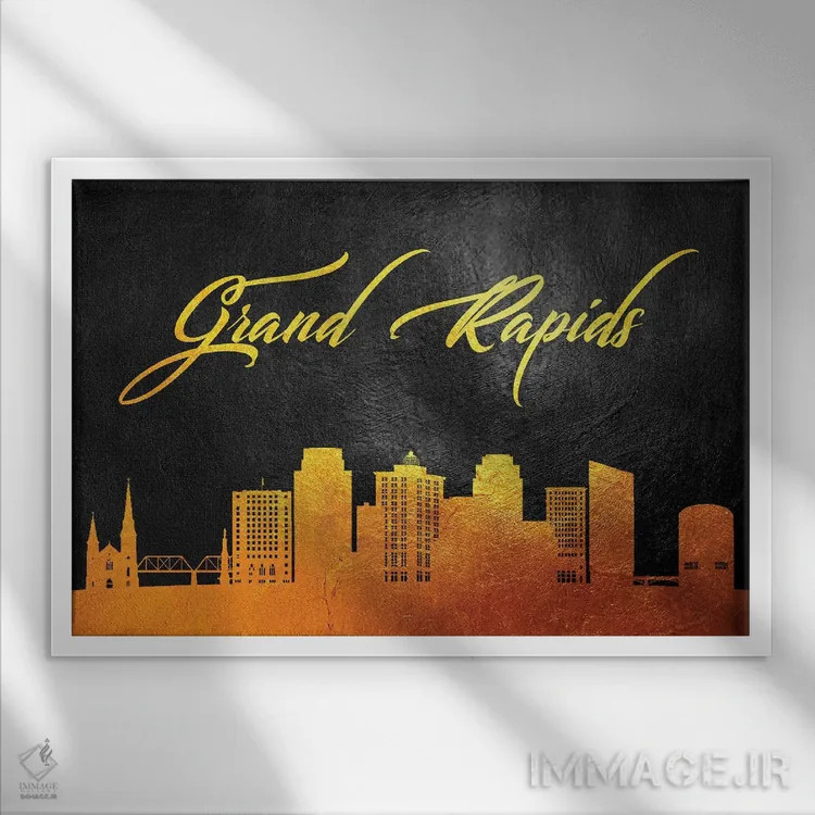 تابلو خط افق طلایی گرند رپیدز میشیگان اثر آدریان بالدُوینو - نمای قابدار سفید