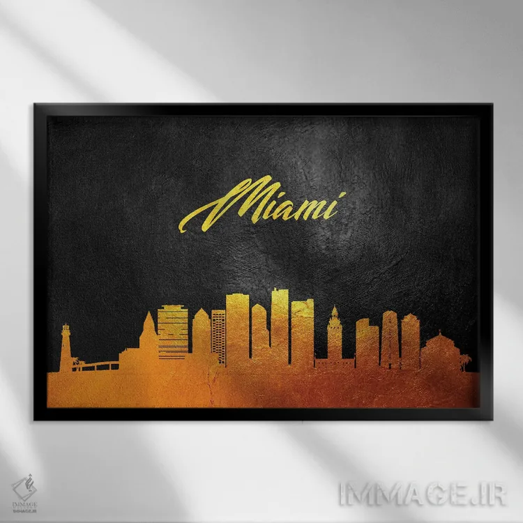 تابلو خط افق طلایی میامی فلوریدا اثر آدریان بالدُوینو - نمای قابدار مشکی