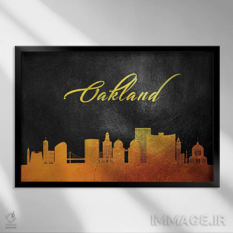 تابلو خط افق طلایی اوکلند کالیفرنیا اثر آدریان بالدُوینو - نمای قابدار مشکی