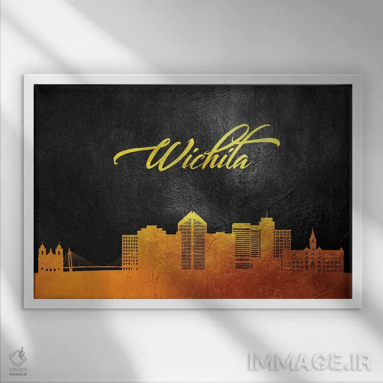 تابلو خط افق طلایی ویچیتا کانزاس اثر آدریان بالدُوینو - نمای قابدار سفید