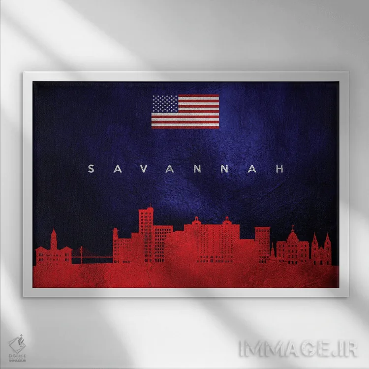 تابلو خط افق شهر ساوانا، جورجیا اثر آدریان بالدُوینو - نمای قابدار سفید