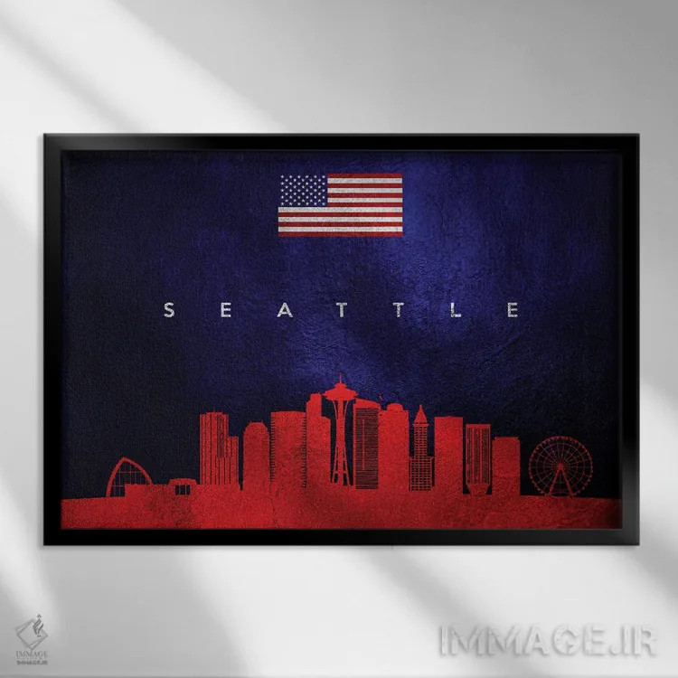 تابلو خط افق شهر سیاتل، واشینگتن اثر آدریان بالدُوینو - نمای قابدار مشکی