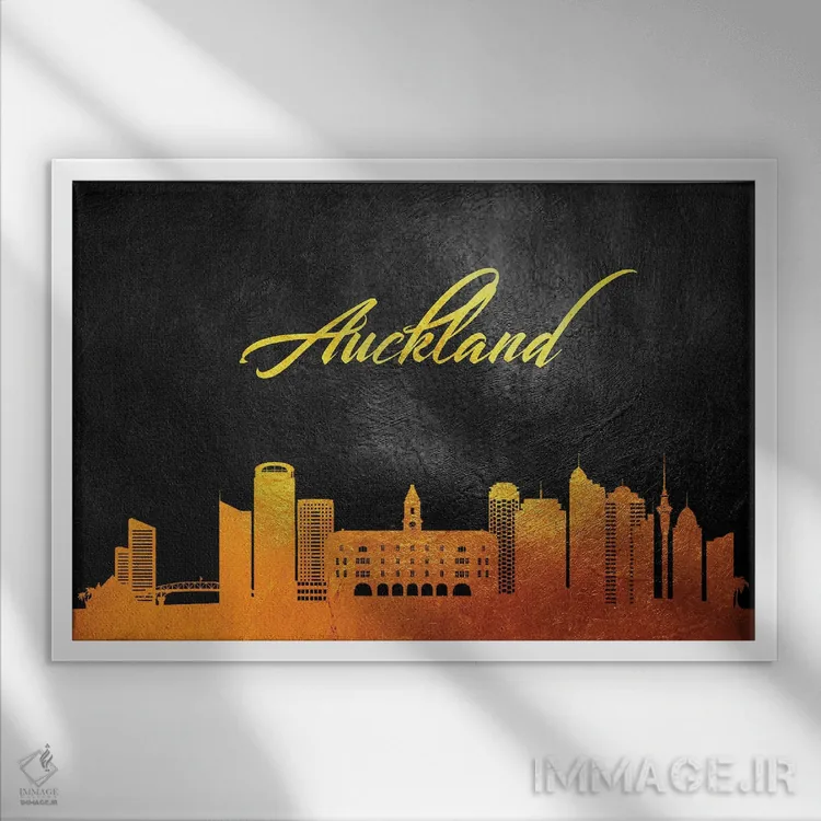 تابلو خط افق طلایی اوکلند، نیوزیلند اثر آدریان بالدُوینو - نمای قابدار سفید