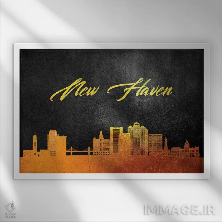 تابلو خط افق طلایی نیو هیون کنتیکت اثر آدریان بالدُوینو - نمای قابدار سفید