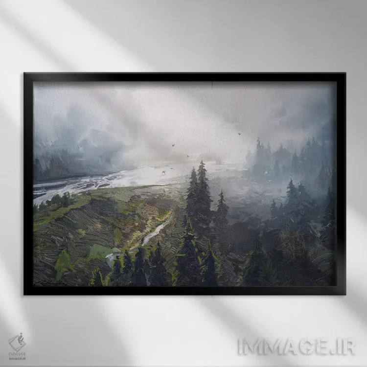 تابلو جنگل مهآلود اثر آرتم رادس چبوخا - نمای قابدار مشکی