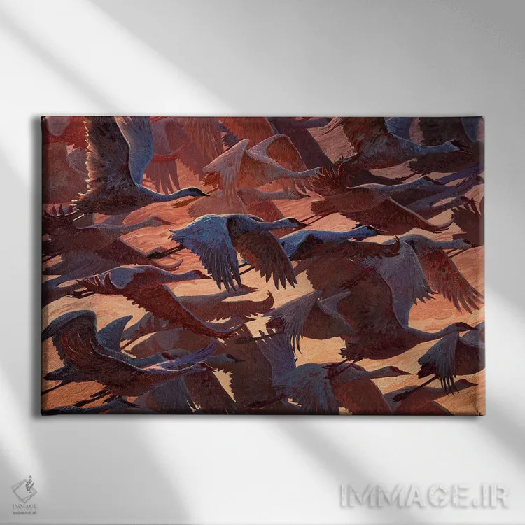 تابلو درنایان در حال حرکت اثر آرتم رادس چبوخا - نمای روبهرو روی دیوار