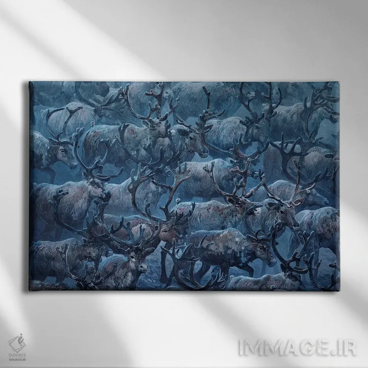 تابلو گوزنهای شمالی در حرکت اثر آرتم رادس چبوخا - نمای روبهرو روی دیوار