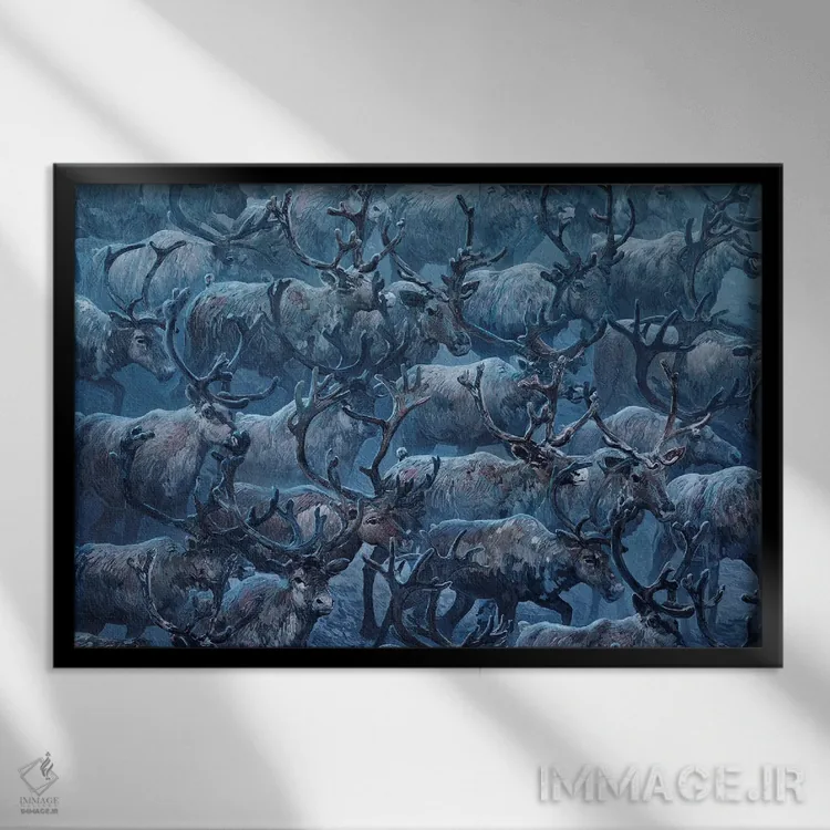 تابلو گوزنهای شمالی در حرکت اثر آرتم رادس چبوخا - نمای قابدار مشکی