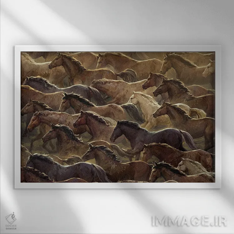 تابلو اسبهای در حال حرکت اثر آرتم رادس چبوخا - نمای قابدار سفید
