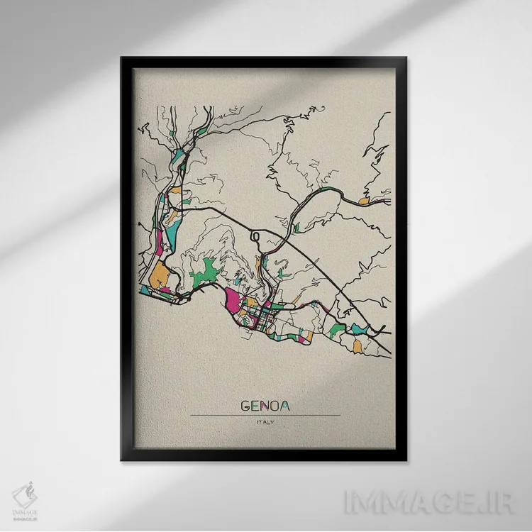 تابلو نقشه جنوا، ایتالیا اثر آیشه دنیز آکِرمان - نمای قابدار مشکی