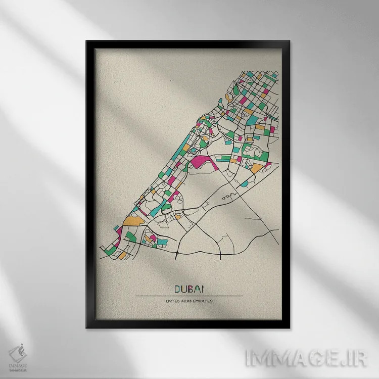 تابلو نقشه دبی، امارات متحده عربی اثر آیشه دنیز آکِرمان - نمای قابدار مشکی