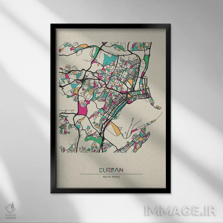 تابلو نقشه دوربان، آفریقای جنوبی اثر آیشه دنیز آکِرمان - نمای قابدار مشکی