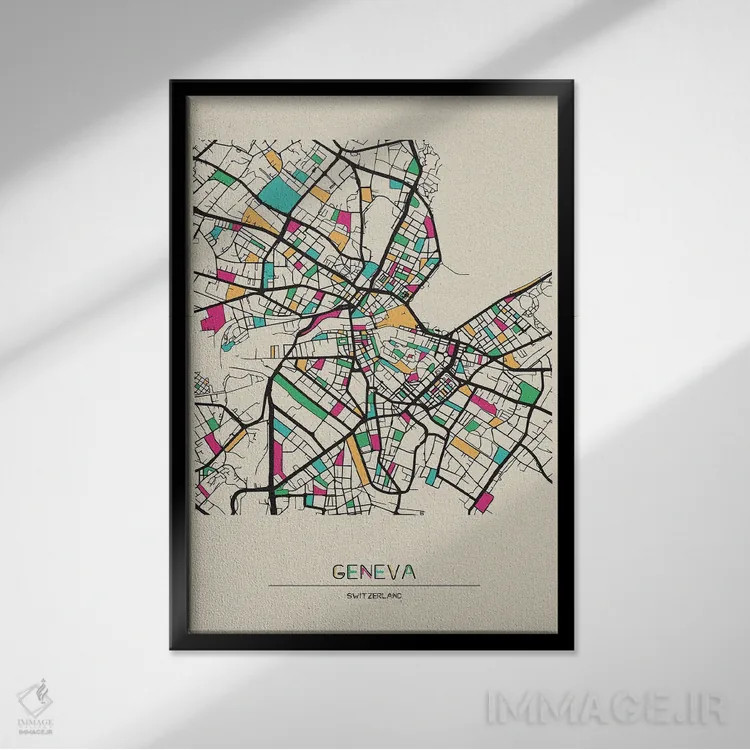 تابلو نقشه ژنو، سوئیس اثر آیشه دنیز آکِرمان - نمای قابدار مشکی