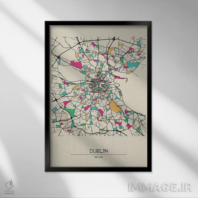 تابلو نقشه دوبلین، ایرلند اثر آیشه دنیز آکِرمان - نمای قابدار مشکی