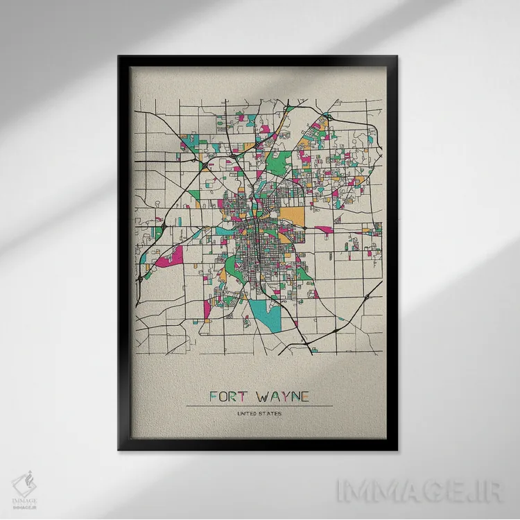 تابلو نقشه فورت وین، ایندیانا اثر آیشه دنیز آکِرمان - نمای قابدار مشکی