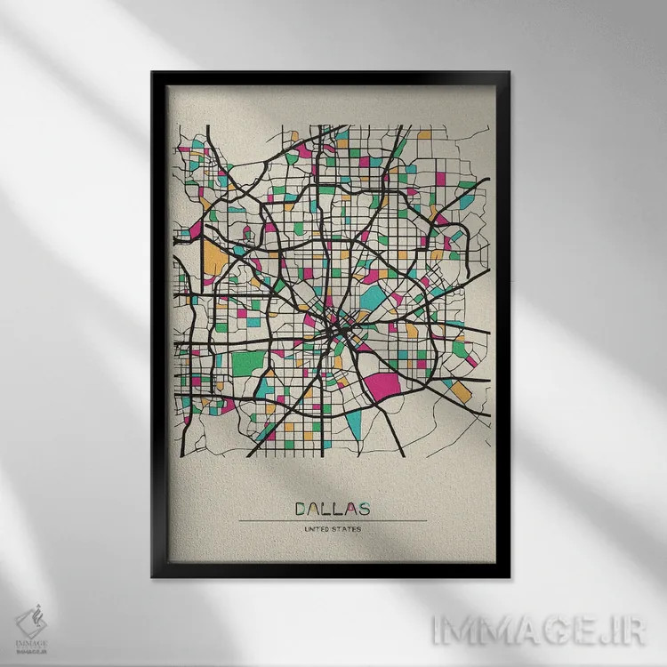 تابلو نقشه دالاس، تگزاس اثر آیشه دنیز آکِرمان - نمای قابدار مشکی