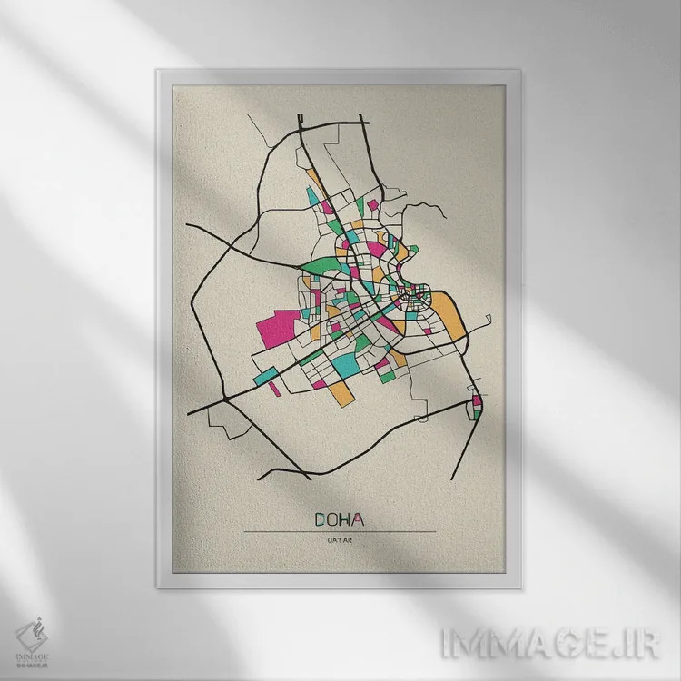 تابلو نقشه دوحه، قطر اثر آیشه دنیز آکِرمان - نمای قابدار سفید