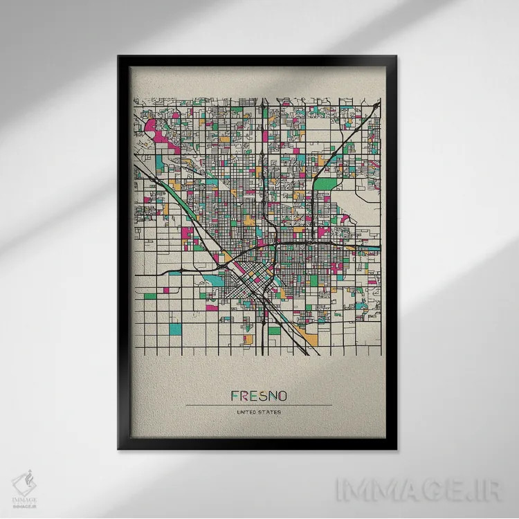 تابلو نقشه فرزنو، کالیفرنیا اثر آیشه دنیز آکِرمان - نمای قابدار مشکی