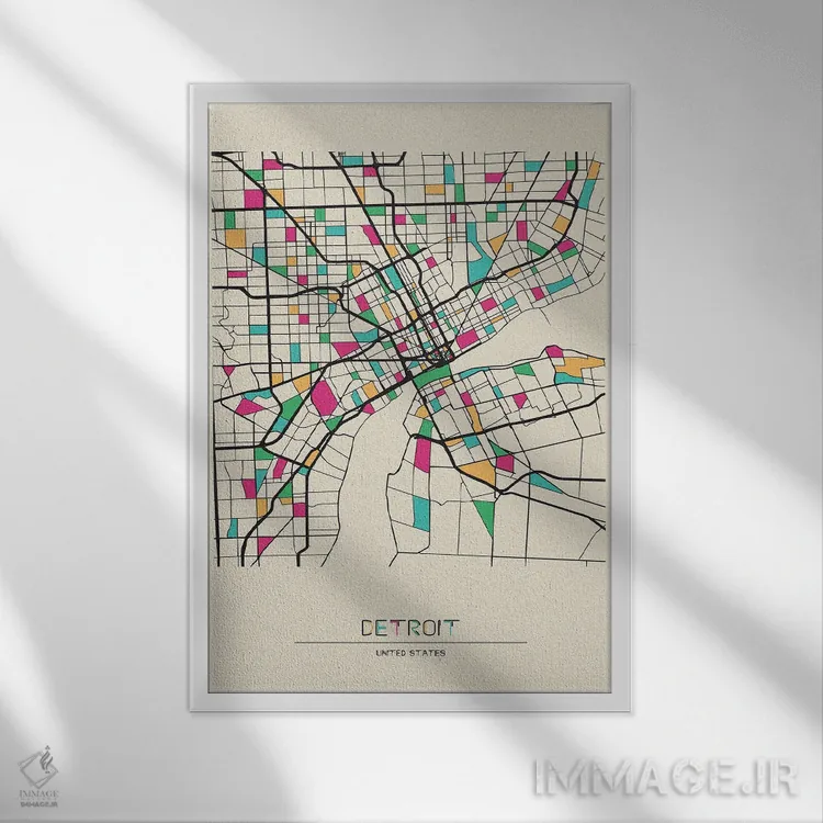 تابلو نقشه دیترویت، میشیگان اثر آیشه دنیز آکِرمان - نمای قابدار سفید