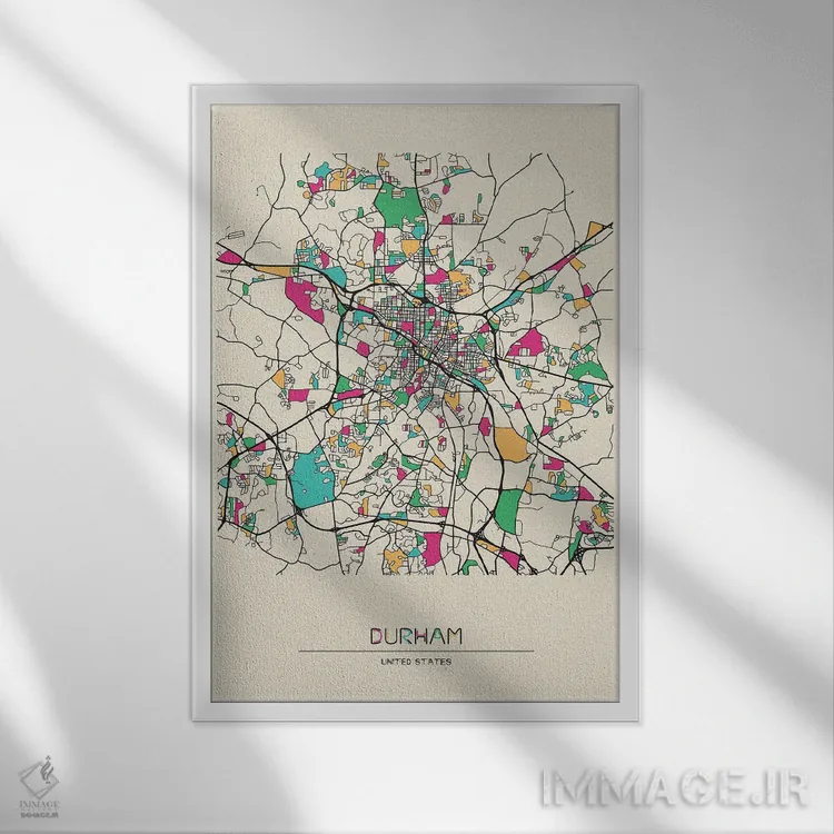 تابلو نقشه دورهام، کارولینای شمالی اثر آیشه دنیز آکِرمان - نمای قابدار سفید