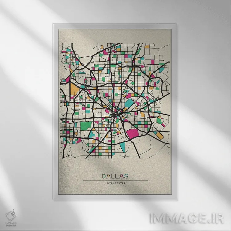 تابلو نقشه دالاس، تگزاس اثر آیشه دنیز آکِرمان - نمای قابدار سفید