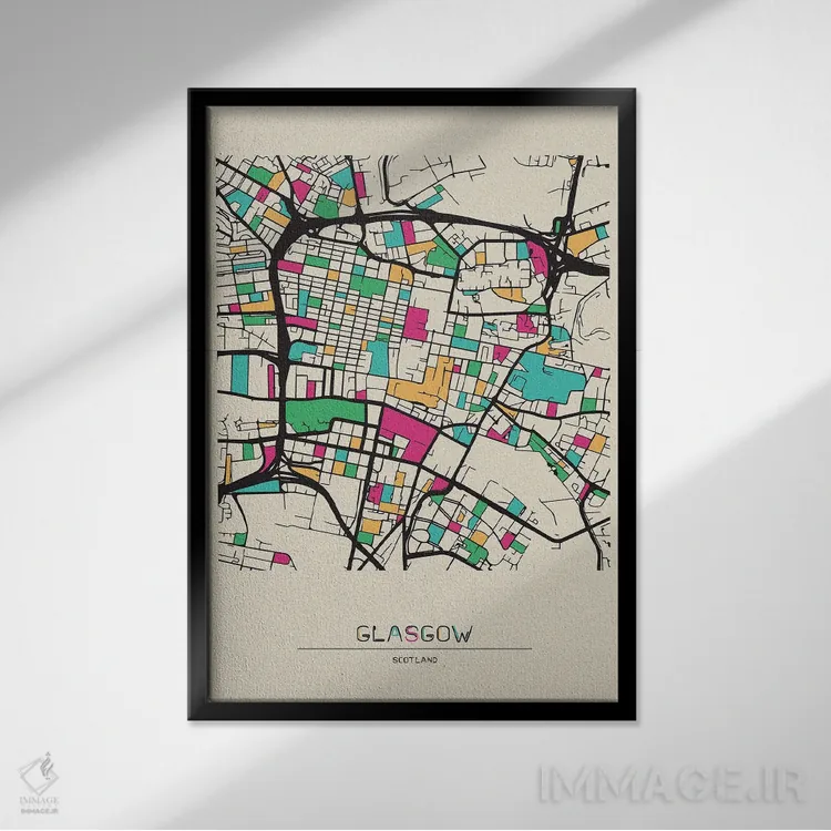 تابلو نقشه گلاسگو، اسکاتلند اثر آیشه دنیز آکِرمان - نمای قابدار مشکی