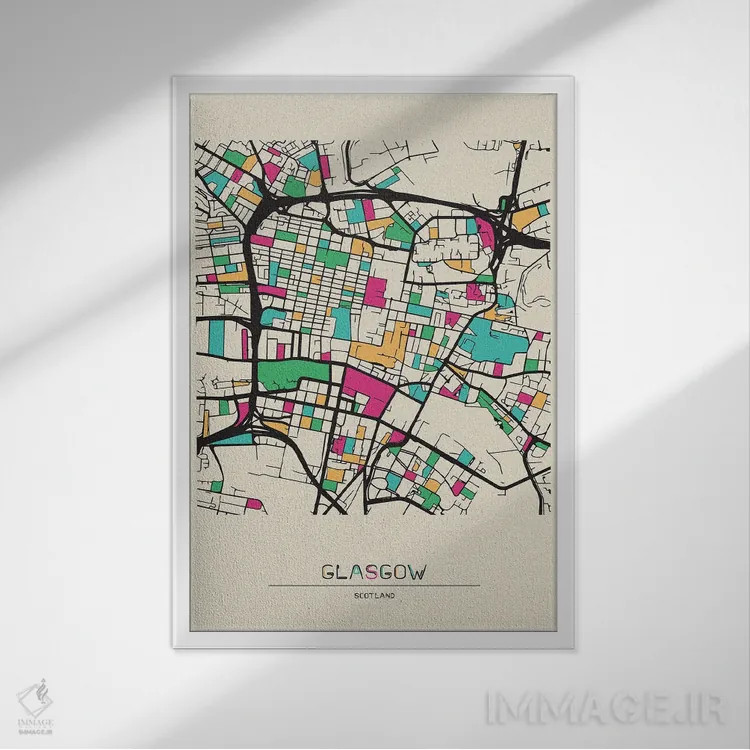 تابلو نقشه گلاسگو، اسکاتلند اثر آیشه دنیز آکِرمان - نمای قابدار سفید