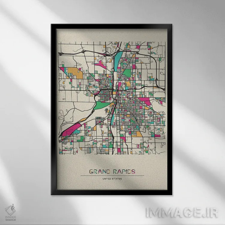 تابلو نقشه گرند رپیدز، میشیگان اثر آیشه دنیز آکِرمان - نمای قابدار مشکی