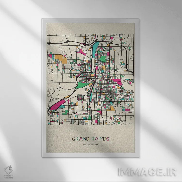 تابلو نقشه گرند رپیدز، میشیگان اثر آیشه دنیز آکِرمان - نمای قابدار سفید